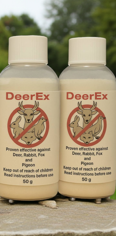 Two bottles of DeerEx animal repellent, labelled as safe for use around plants and gardens.