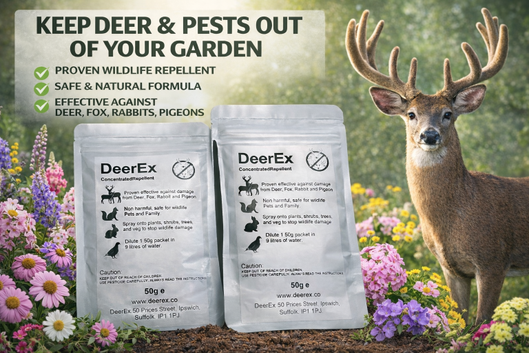 Bottle of DeerEx garden protection solution with text promoting winter deer damage prevention.