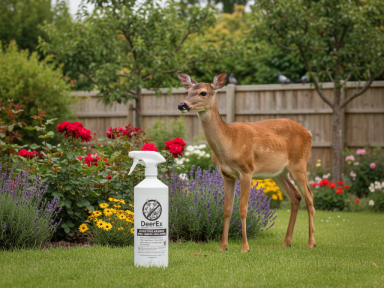 A deer standing near a spray bottle in a garden filled with blooming flowers.