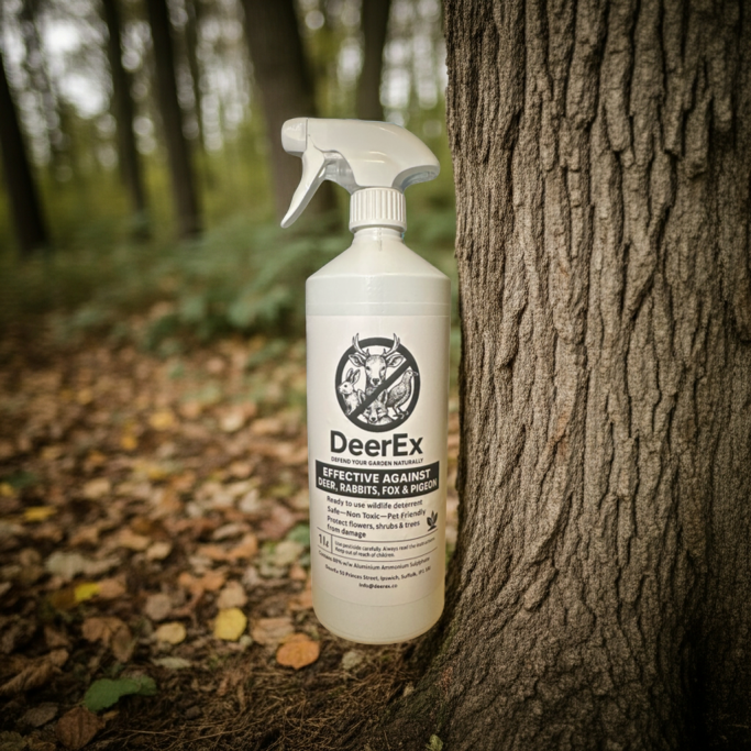 Bottle of DeerEx deer repellent against a tree in a wooded area.
