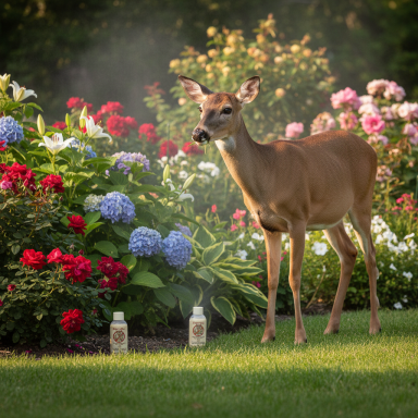 A deer standing near colourful flowers in a garden.