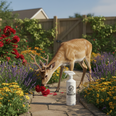 A deer grazes near colourful flowers in a garden with a spray bottle nearby.