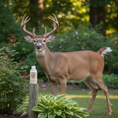 A male deer with antlers stands beside a bottle in a garden setting.