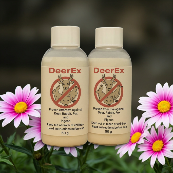 Two bottles of DeerEx with a pink and white flower backdrop.